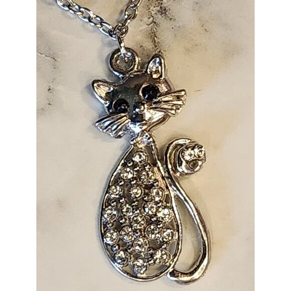 Vintage Cat Pendant Necklace With Rhinestones & Silver Tone Chain - Picture 1 of 4